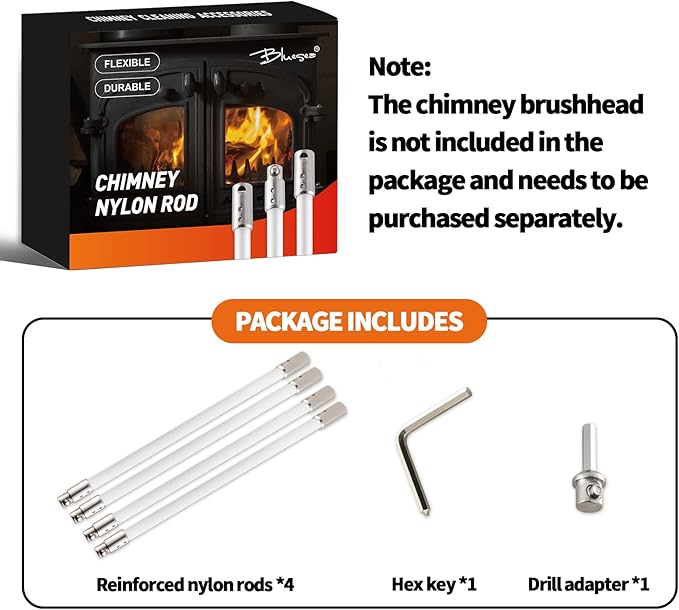 Bluesea 4 Pieces Chimney Sweep Kit Nylon Rod, Chimney Cleaning Kit Accessories with Hex Key and Adapter for Electric Drill, Flexible Nylon Rod for Chimney Brush, Extends to 13 Feet for Easy Cleaning.