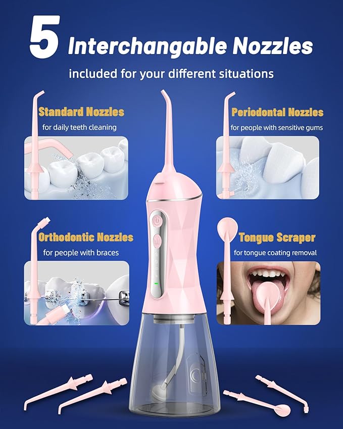 Electric Water Dental Flosser - Cordless Portable Teeth Cleaner, Rechargeable 320ML Larger Water Tank Oral Irrigator, 4 Modes with 5 Jet Tips and Travel Bag, IPX7 Waterproof (Pink)