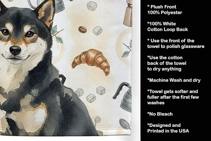 Caroline's Treasures Black and Tan Shiba Inu Coffee Bar Kitchen Towel Velour Plush Front and Cotton Loop Back Machine Washable
