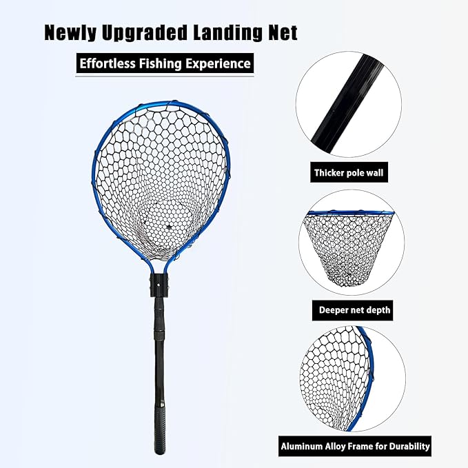 Large Fishing Net with Handle High Strength Landing Net Long Telescoping Rubber Fish Net Extendable Dip Net for Fishing Ideal for River Angling Pier Boat