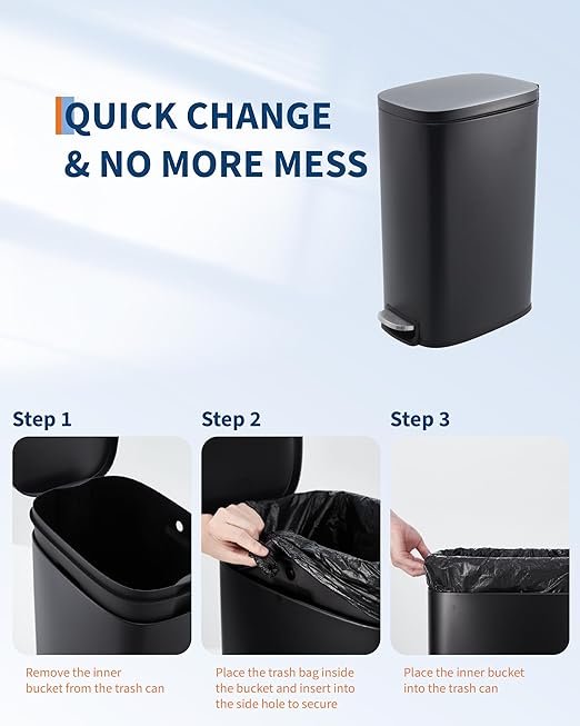 GarveeHome 13 Gal Slim Trash Can, Step Garbage Can with Soft-Close Lid, Stainless Steel Recycling Bin Waste Container with Removable Inner Bucket for Kitchen, Bathroom, Office, Black