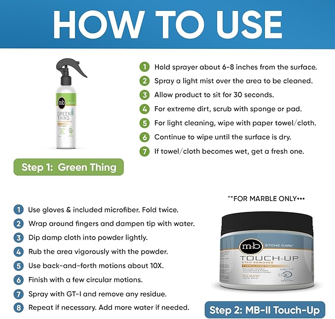 MB Stone Care Sample Kit - MB-11 Marble Etch Remover for Light to Neutral Colored Calcite Based Stone, GT-1 Green Thing, MB-24 Barrier Sealer, Finito Finishing Spray, Microfiber Towels