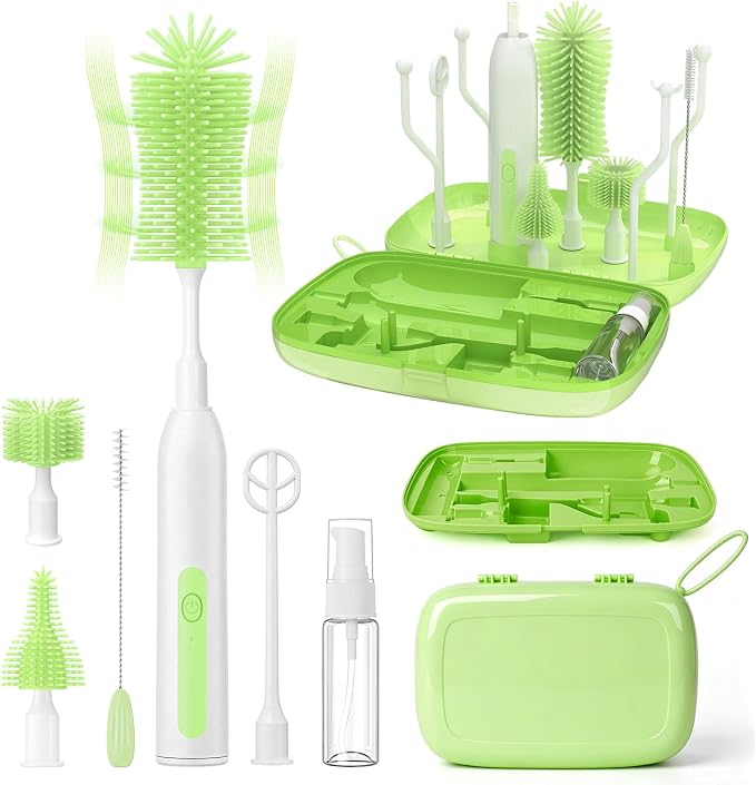 Electric Bottle Brush Cleaner,Portable Electric Baby Bottle Brush Cleaner with Storage Box,Long Battery Life,IPX7 Waterproof,Rechargeable Baby Bottle Cleaning kit for Home & On-The-Go(Avocado Green)