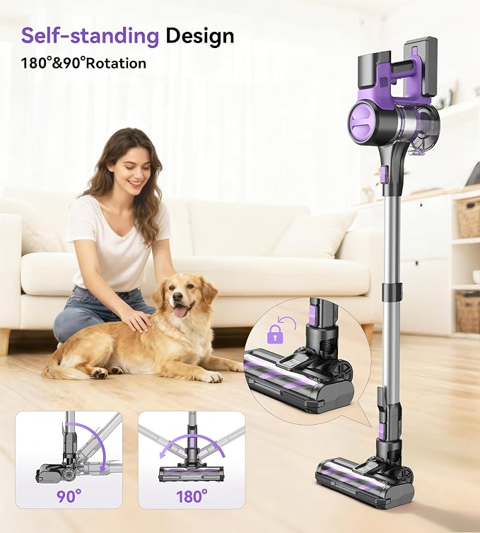 S10 Cordless Vacuum Cleaner, 55Kpa 60mins Lightweight Stick Vacuum with Powerful Suction for Home, Rechargeable, Self-Standing, Handheld Vacuum Cleaners for Hardwood Floors, Carpets, Violet