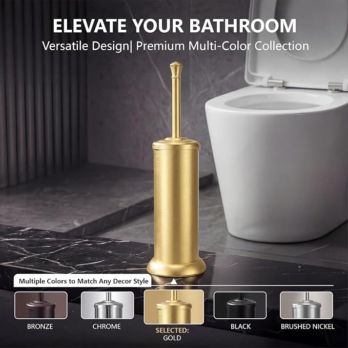 Toilet Brush and Holder Set,304 Stainless Steel Heavy Duty Toilet Brush,Extra Long Handle Toilet Bowl Brush and Holder for Bathroom,Durable,Deep Cleaning,Extra Dense Bristles (Gold)