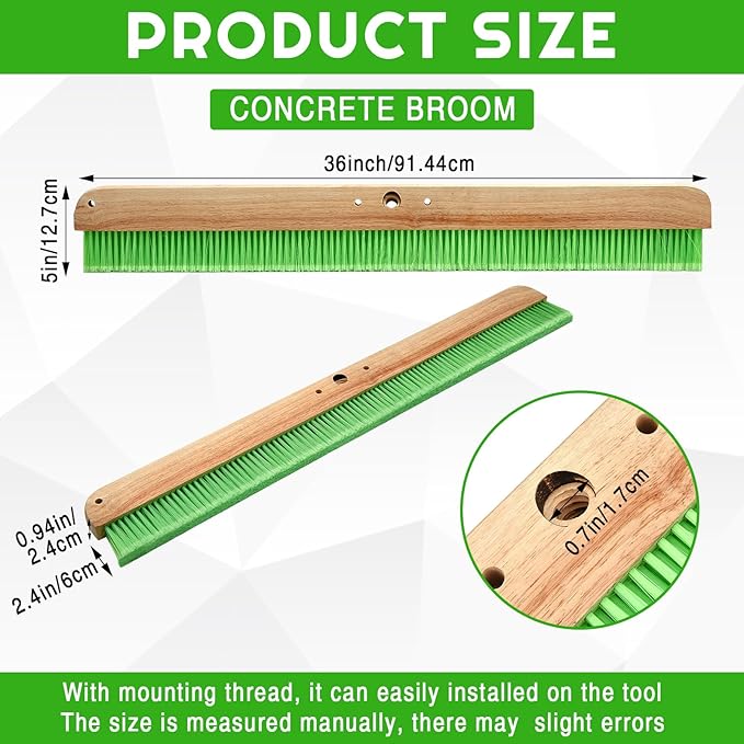 1 Pcs 36 Inches Green Concrete Broom Finishing Soft Without Handle Soft Flow Through Brush with Mounting Threads for Concrete Finishes, Hard Floors, Yards