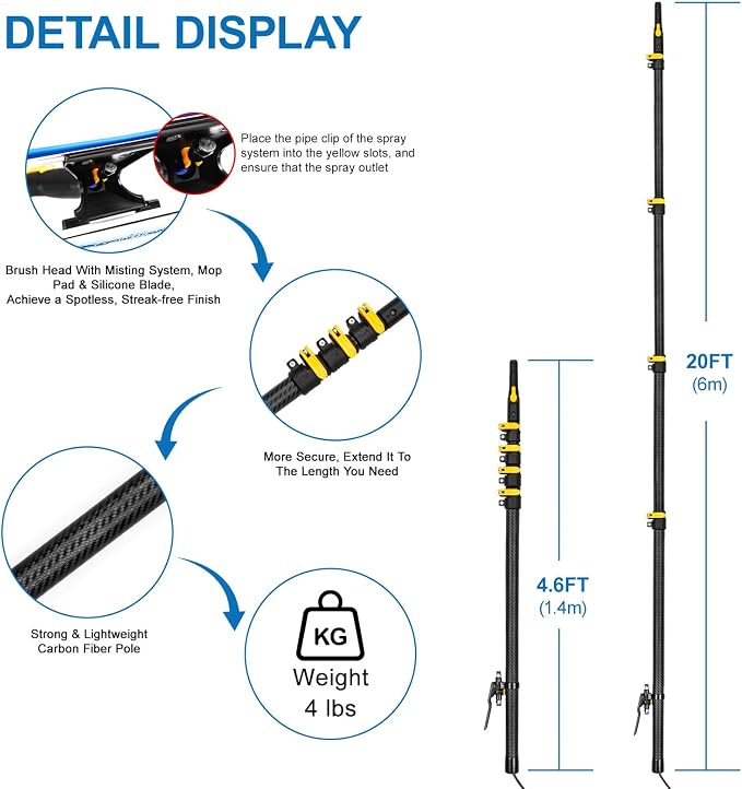 HIBLE 24 Feet High Reach Carbon Fiber Telescopic Pole for Window Washing, Glass Cleaning Kits with Extension Pole, Brush, Soap Dispenser, Water Hose, Faucet Quick Connector