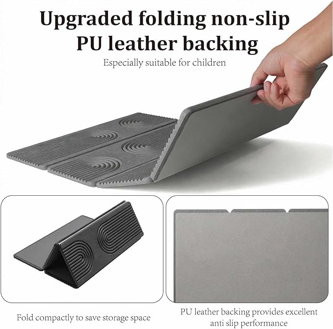 Large Quick-Dry Stone Drying Mat for Kitchen Counter, 24" × 16", Foldable Diatomaceous Earth Dish Drying Mat with PU Non-Slip Base,for Bottles Cups Dishes (Gray (4-fold), 24" × 16")