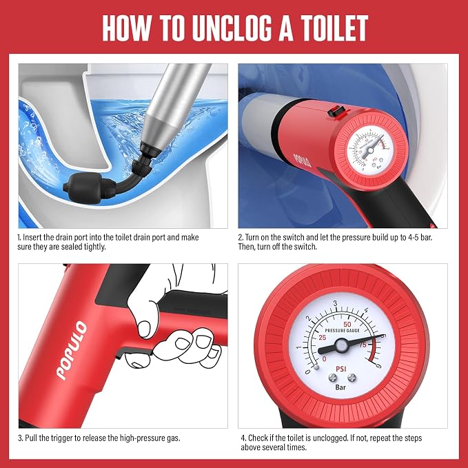 POPULO Electric Toilet Plunger, Air Power High Pressure Drain Clog Remover - Heavy Duty Toilet Unclogger Tool for Bathroom, Floors, Shower