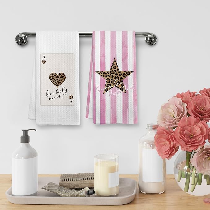 Trendy Leopard Cheetah Print Poker Lucky 8 Ball Bathroom Decor, Preppy Funky Pink Stripe Decor Dish Hand Towels for Bathroom Kitchen Sets of 2, Cheetah Kitchen Towels and Dishcloths, 16x24in