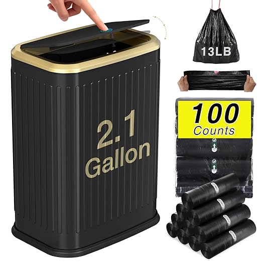 Bathroom Trash Can with Lid 8L/2.1 Gallon Black Trash Can Small Garbage Can with Press Top Lid Slim Stainless Steel Garbage Can with 100 Counts Trash Bags for Bathroom Bedroom Kitchen Office Toilet