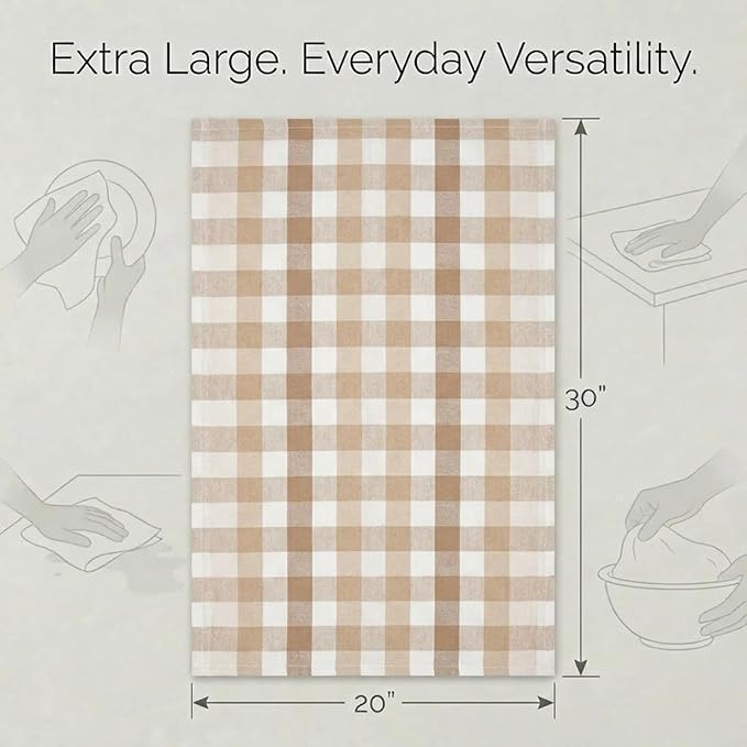 Urban Villa Kitchen Towels Set of 6 Buffalo Checks Taupe/Chocolate/Ivory 20X30 Inches Kitchen Towels 100% Cotton Highly Absorbent Premium Quality Ultra Soft Bar Tea Towels with Mitered Corners