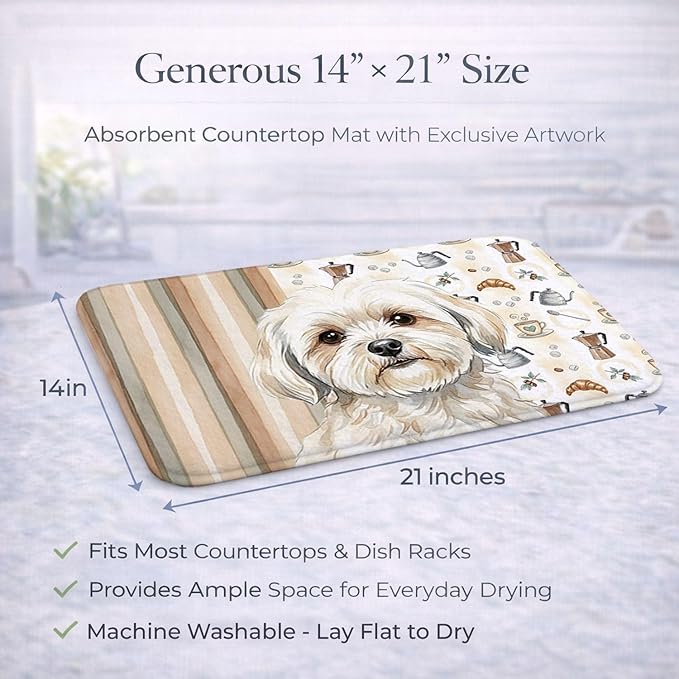 Caroline's Treasures White Lhasa Apso Coffee Bar Dish Drying Mat Absorbent Dish Drying Mat Pad for Kitchen Counter Dish Drainer Mat for Countertop, 14 x 21", Multicolor