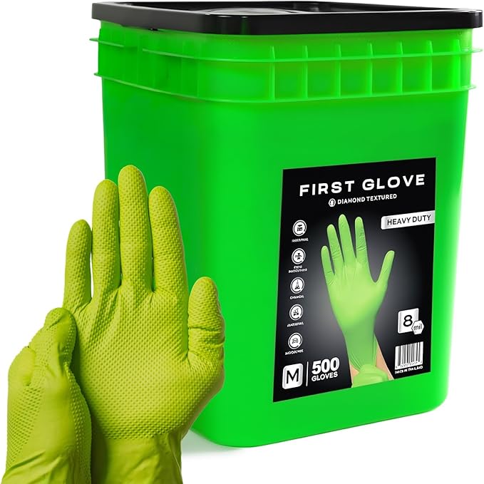 First Glove 8 Mil Green Diamond Texture Nitrile Bucket of Gloves - Industrial Nitrile Gloves - Latex-Free - 500 count
