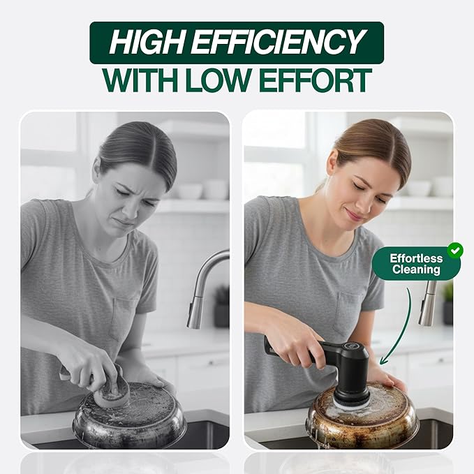 SonicPower Electric Spin Scrubber – Handheld & Ergonomic, IPX7 Waterproof, 4 Multi-Purpose Brush Heads, Long-Lasting Rechargeable Battery – Cleans Dishes, Bathroom, Tile, Grout & Kitchen (Black)