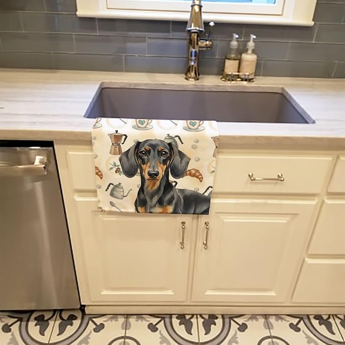 Caroline's Treasures Black and Tan Dachshund Coffee Bar Kitchen Towel Velour Plush Front and Cotton Loop Back Machine Washable