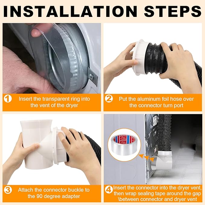 Dryer Vent Hose for Tight Space, Indoor 4" Dryer Vent Connector Kit with 90 Degree Elbow, 8.2FT Aluminum Dryer Vent Duct, Close to Wall Dryer Vent Adapter, Black