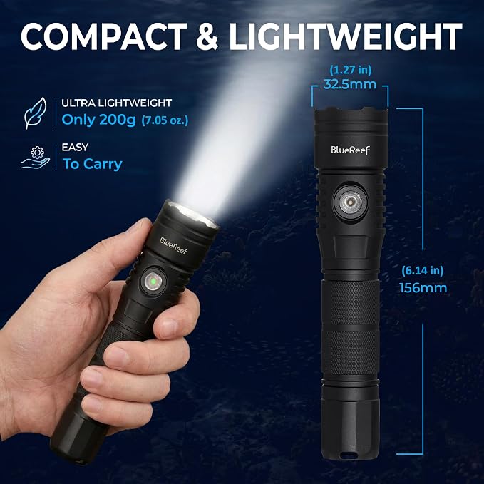 Blue Reef 1200 Lumens Compact Scuba Dive Light, 5Hr Runtime / 2Hr at Full 1200LM Power – USB-C Rechargeable, 100m Waterproof Diving Flashlight for Scuba, Snorkeling & Night Diving