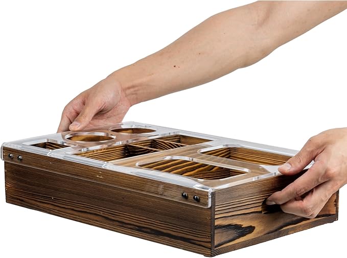 MyGift Couch Caddy Rustic Burnt Solid Wood and Premium Clear Acrylic TV Snack Tray with 2 Stainless Steel Snack Bowls, Dual Cutout Anti-Spill Drink Holders, Remote Control and Cell Phone Slots