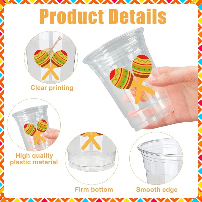 50 Pcs Mexican Fiesta Plastic Cups 16 oz Mexican Party Cups Cinco De Mayo Disposable Cup Clear Drinking Cup Bulk for Taco Birthday Hispanic Heritage Month Party Supplies