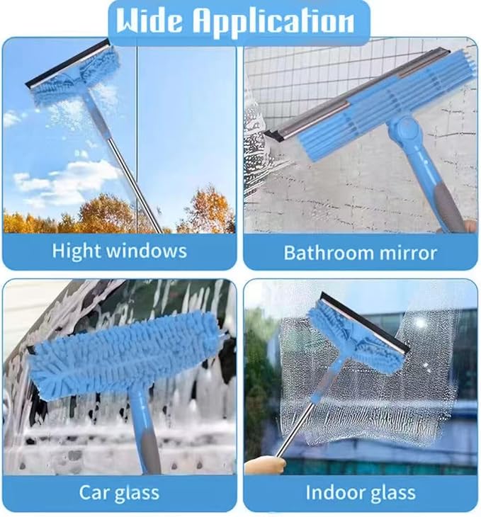 Window Squeegee Cleaner Kit - 2-in-1 Rotatable Window Cleaning Tool with Extension Pole, Professional Streak-Free Squeegee with Bendable Head for Indoor/Outdoor Windows & Car Glass (Blue, 38.45FT)