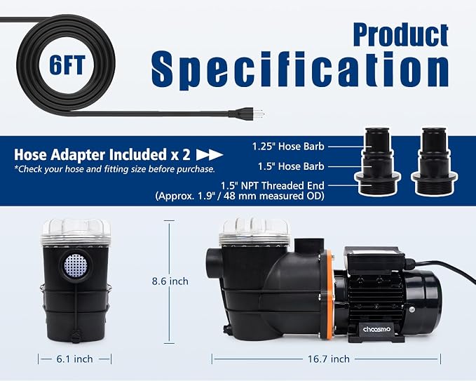 1/2HP Above Ground Pool Pump, 3120GPH 115V Pool Filter Pump Replacement for Sand Filter Systems, High-Flow Swimming Pool Circulation Pump with 1.25/1.5 in Hose Adapters, 41ft Max Head