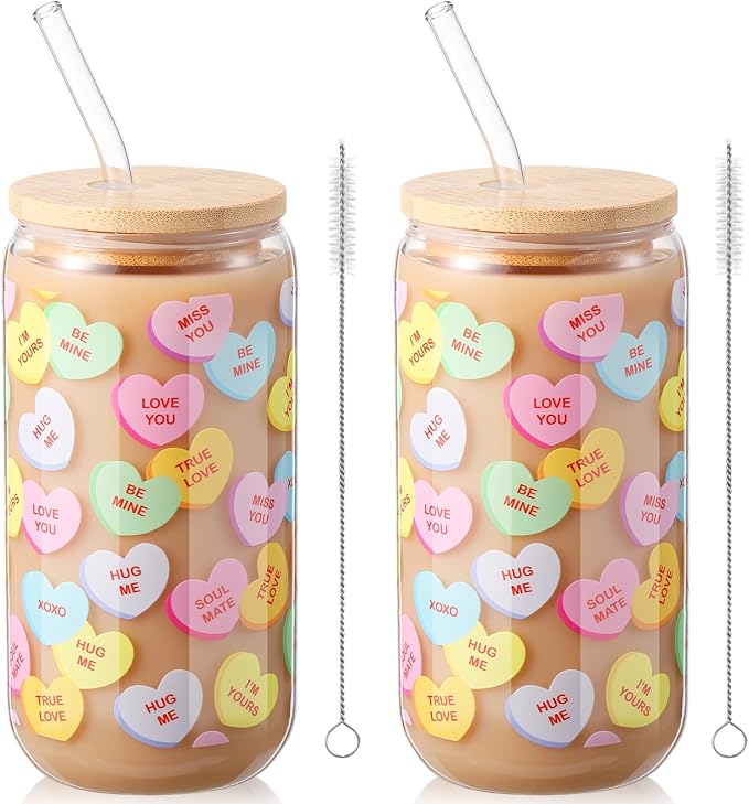Sliner 2 Pcs Valentine's Day Cups Conversation Heart Glass Tumbler with Lid Straw Gifts 16 oz Iced Coffee Cup Drinking Glasses Holiday Cute Beer Can Tumbler for Home Office Decorations