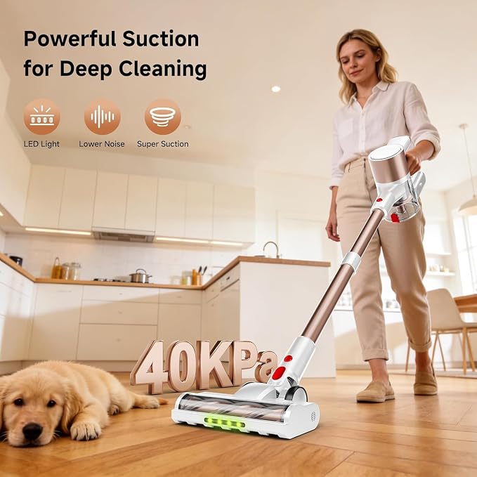 Cordless Vacuum Cleaner, 500W/40Kpa Vacuum Cleaners for Home, Stick Vacuum Cordless with LED Display, Anti-Tangle & Wall Mount, 8 in 1 Lightweight Vacuum for Hard Floors Pet Hair(Gold)