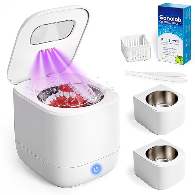 Sonolab Ultrasonic Retainer Cleaner Machine with 2 Removable/Replaceable Tanks, 45kHz Sonic Dental Cleaning Pod, 240ml Large Capacity Ultrasonic UV Cleaner for Dentures, Aligners, Mouth Guards