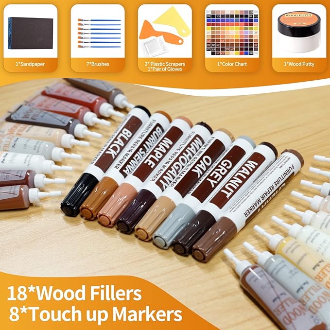Wood Floor Scratch Repair Kit - 40 Sets - Furniture Repair Kit Wood Markers, Hardwood Repair Kit Wood Filler for Scratches Stains Holes - Touch Up Any Wood, Laminate, Cabinet, Door, Table