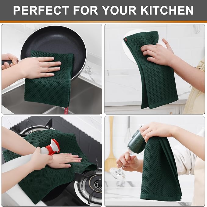 Kitinjoy 100% Cotton Waffle Weave Kitchen Hand Towels (13 X 28 Inches, Blackish Green), 4-Pack Super Soft and Absorbent Dish Towel for Drying Dishes