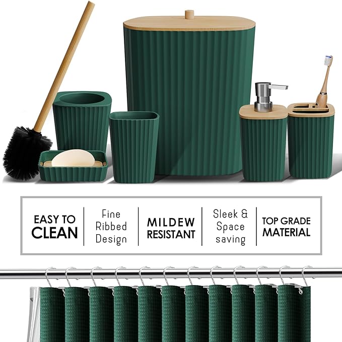 Clara Clark Bathroom Accessories Set - Bathroom Set with Adhesive Corner Shower Caddy Hanging, 25PC Bathroom Accessory Set, Hunter Green Shower Curtain Set, Toilet Brush, Trash Can & Soap Dispenser