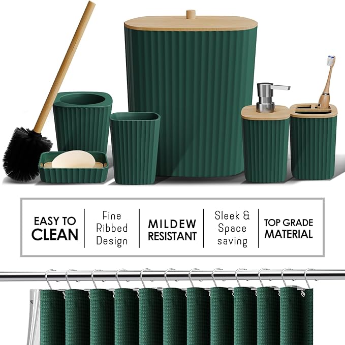 Clara Clark Bathroom Accessories Set - 27PC Bathroom Set with Adhesive Corner Shower Caddy Hanging, Bathroom Sets with Shower Curtain and Rugs, Hunter Green Shower Curtain Set with Bathroom Trash Can