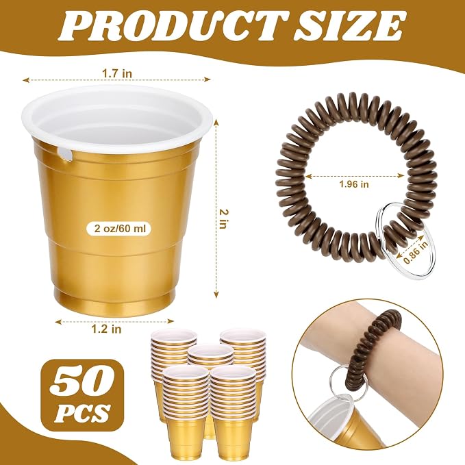 50 Pcs Gold Shot Cups with Wristband for Party 2oz Plastic Shot Glasses Disposable Mini Shot Glasses Bulk with Wrist Coil 2oz Solo Cups for Festival Birthday Favor Wedding Halloween Party Supplies