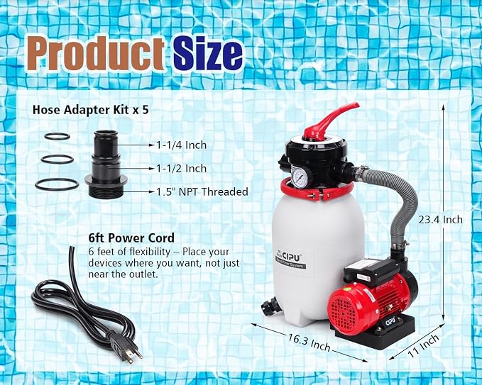 CIPU 10-inch Sand Filter Pump System Handy 4-Way Valve for Above Ground Pools with 0.25HP Pool Pump 115V 6-Foot Cord to Easy Installation