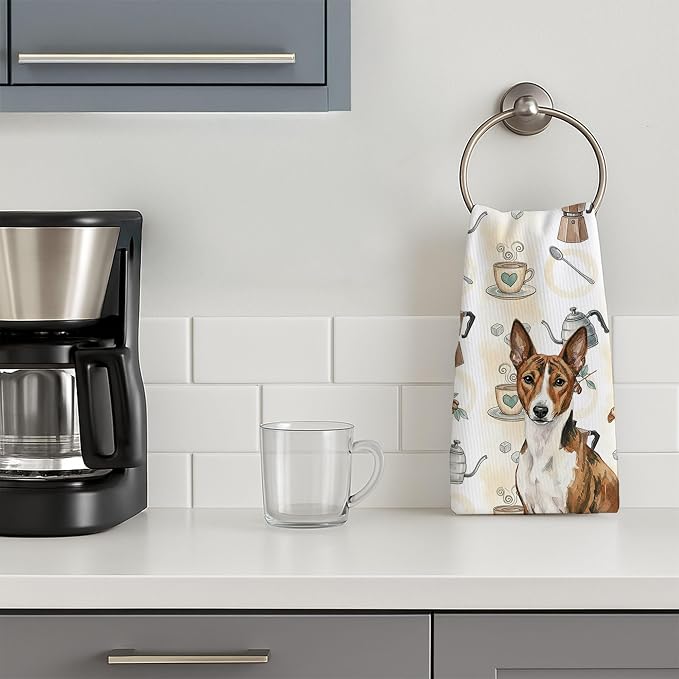 Caroline's Treasures Brindle and White Basenji Coffee Bar Kitchen Towel Velour Plush Front and Cotton Loop Back Machine Washable