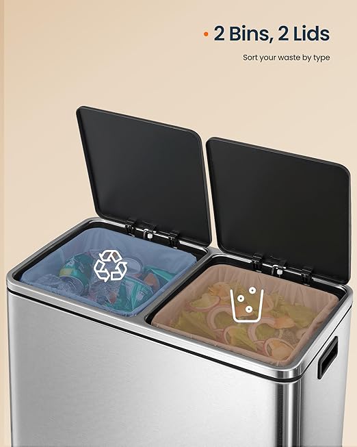 SONGMICS HOME Trash Can with 2 Compartments for Kitchen, Garbage Can with 15 Trash Bags, Silver