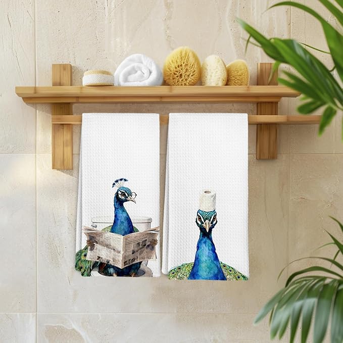 Funny Peacock Peafowl Gifts Hand Towels for Bathroom Decor, Peacock Lover Gifts Decorative Hand Dish Tea Towels for Kitchen Bathroom, Cute Peafowl Kitchen Towels Set of 2, 16x24 Inch