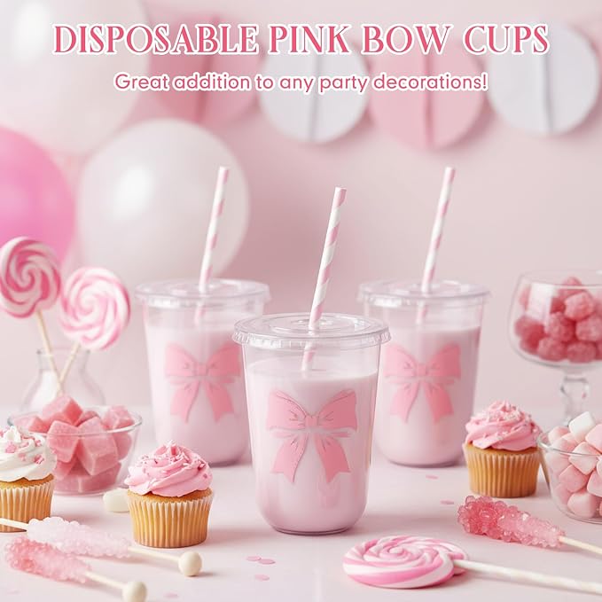LemonRoad 50sets 16oz Pink Bow Cups Pink Birthday Party Decorations Supplies Cute Plastic Cups Disposable with Lids and Straws for Valentines Galentines Day Christmas Wedding Baby Shower Decorations