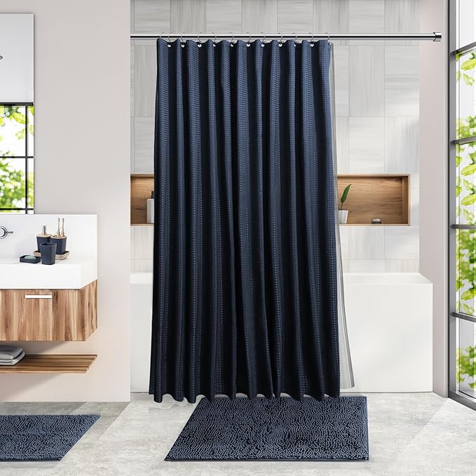 Clara Clark Bathroom Accessories Set - Bathroom Set, Bathroom Sets with Shower Curtain and Rugs, Shower Curtain Set with Bathroom Trash Can - Navy - 22PC