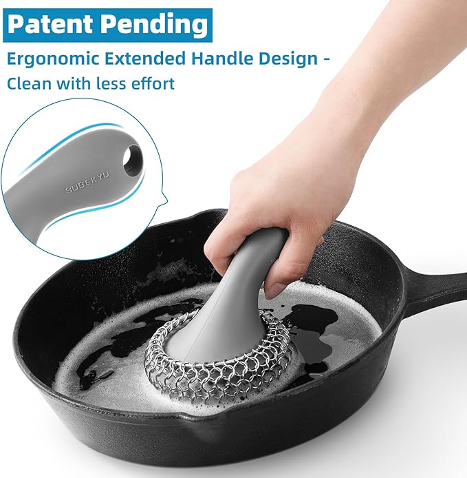 SUBEKYU 316 Stainless Steel Cast Iron Scrubber with Silicone Handle+Anti-Scratch Cast Iron Scrubber with Pan and Grill Scrapers