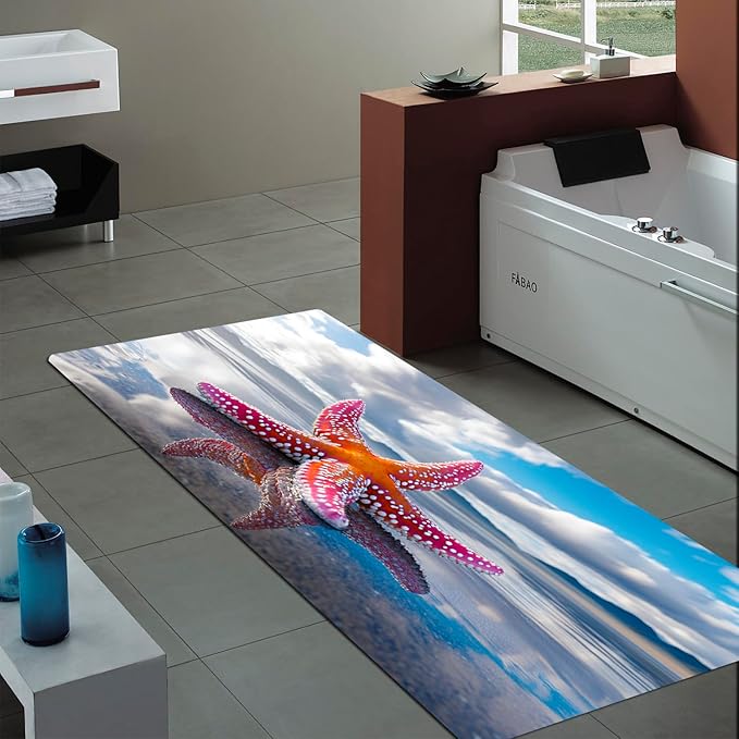 WODEJIA Non Slip Bath Rugs Sponge Foam for Bathroom,Flannel Mat Rug for Living Room, Absorbent MatS for Forlaundry Room and Kitchen,Beach Starfish Welcome Mat 47x18 Inches