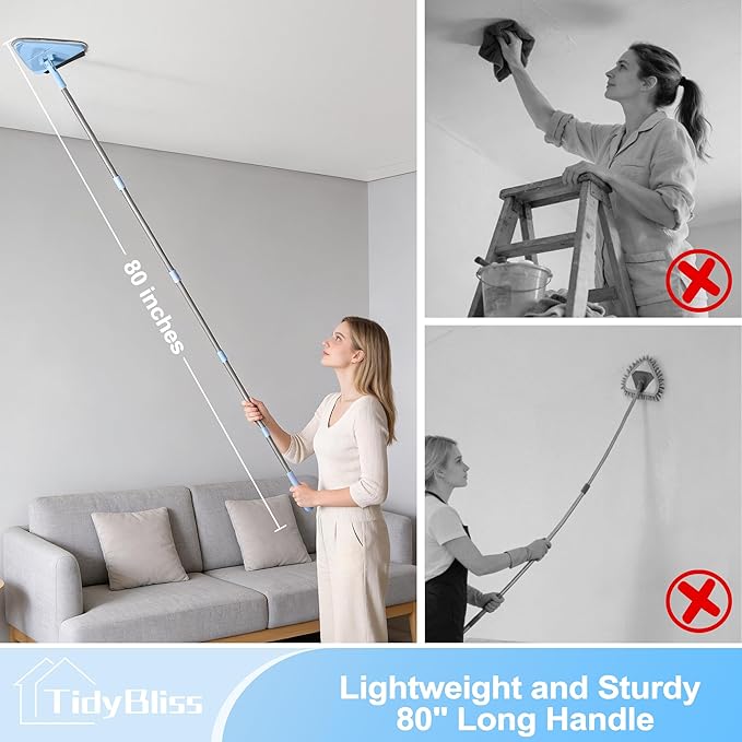 Wall Cleaner Mop with 80” Long Handle, 360° Swivel Ceiling Duster Scrubber with Collapsible Head, Baseboard Cleaning Tool with 4 Chenille and 2 Microfiber Pads for Windows Floor (Blue)