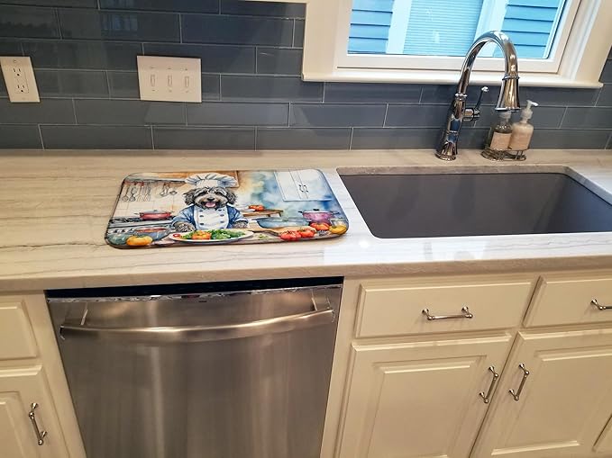 Caroline's Treasures DAC6203DDM Bergamasco Sheepdog The Chef Dish Drying Mat Absorbent Dish Drying Mat Pad for Kitchen Counter Dish Drainer Mat for Countertop, 14 x 21", Multicolor