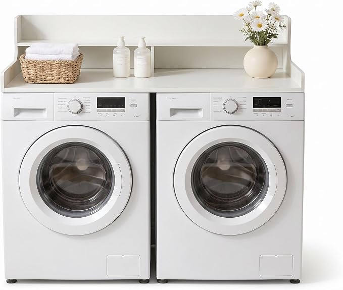 Takywep 2 Tiers Washer Dryer Countertop, 54" x 27.5" Washer Dryer Topper with Edge, Washer and Dryer Laundry Topper with Anti-Slip Pads & Anti-Vibration Mat, White