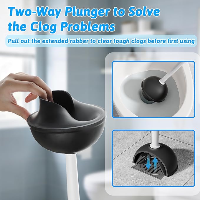 Sellemer 2 in 1 Toilet Brush and Plunger Set, Curved Design Head for Deep Clean, Heavy Duty Toilet Bowl Brush and Plunger Combo with Holder for Bathroom,White, 2 Pack