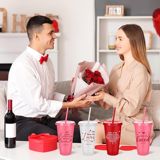 Meanplan 24 Packs Valentine's Day Christian Gift 24 oz Plastic Valentine Scripture Tumbler with Lids and Straws Jesus Bible Verse Cups Religious Church Gifts for Women Men Valentine's Party Favors