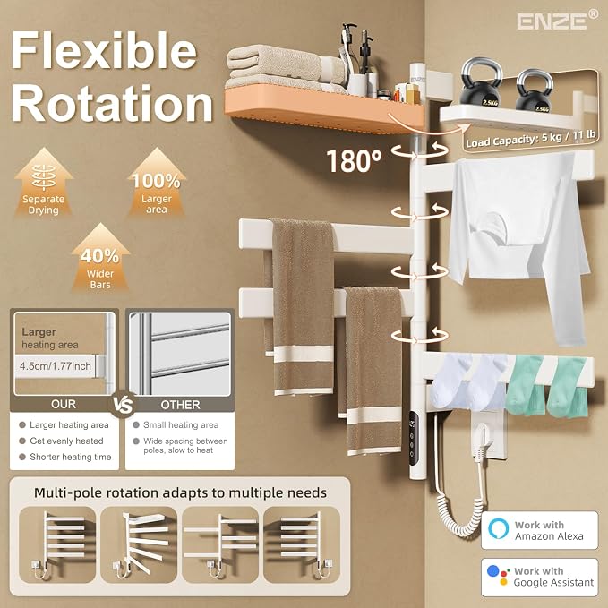 ENZE Smart Rotating Heated Towel Rack for Bathroom, 4-Bar Wall-Mounted Electric Towel Warmer with Swivel Shelf, Wi-Fi App Control, 24H Timer, Stainless Steel, IPX5, Hardwired/Plug-in, White