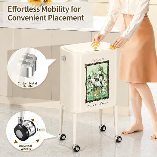 MRBIN Metal Motion Sensor Kitchen Trash Can with Wheel Legs, Medium Press Lid Slim Waste Basket, 36L / 9.5gal Pet Proof Tall Narrow Garbage Pail for Vanity, Bathroom, Bedroom, Living Room, White Rose