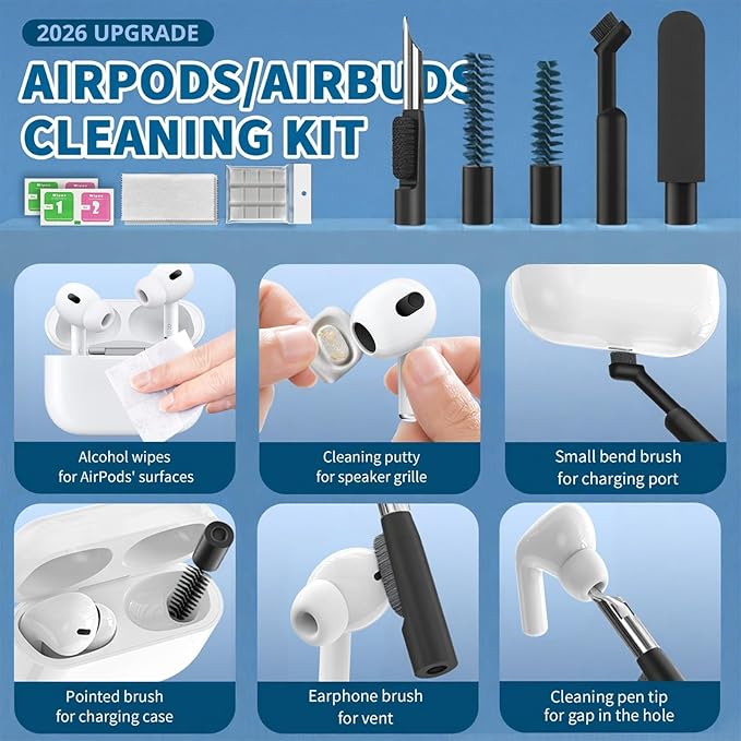 2026 Upgrade Phone Cleaning Kit 57PCS, iPhone Cleaning Kit, Airbud Cleaning Kit for AirPods, Keyboard Cleaning Kit, Charging Port Cleaner for Apple Lightning/Android USB-C (Black, with 10 Mini Brush)